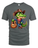 Cowboy Alligator Guitar Lover Funny Country T-Shirt - gray t-shirt on white background