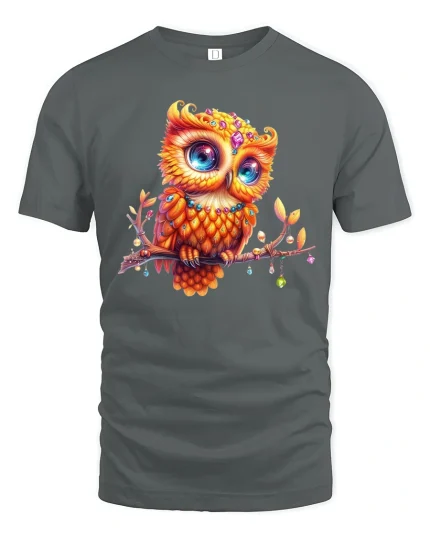 Colorful Owl Art Cute Bird Lover Fantasy Graphic T-Shirt - gray t-shirt on white background