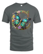 Elegant Butterfly Floral Monogram Letter C Graphic T-Shirt - gray t-shirt on white background