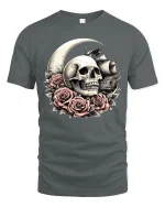 Skull Moon Roses Pirate Ship Gothic Art Graphic T-Shirt - gray t-shirt on white background