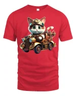 Steampunk Cat Driving Car Funny Animal Lover T-Shirt - red t-shirt on white background