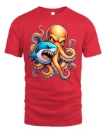 Shark vs Octopus Battle Ocean Monster Graphic T-Shirt - red t-shirt on white background