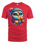 Cute Winter Owl in Colorful Scarf Cozy Graphic T-Shirt - red t-shirt on white background