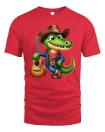 Cowboy Alligator Guitar Lover Funny Country T-Shirt - red t-shirt on white background