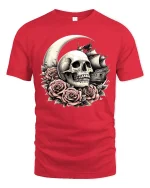 Skull Moon Roses Pirate Ship Gothic Art Graphic T-Shirt - red t-shirt on white background