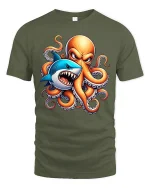 Shark vs Octopus Battle Ocean Monster Graphic T-Shirt - military green t-shirt on white background