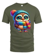 Cute Winter Owl in Colorful Scarf Cozy Graphic T-Shirt - military green t-shirt on white background