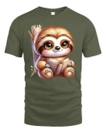 Cute Reading Sloth Book Lover Funny Graphic T-Shirt - military green t-shirt on white background