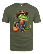 Cowboy Alligator Guitar Lover Funny Country T-Shirt - military green t-shirt on white background