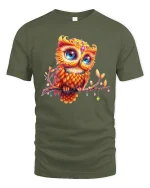 Colorful Owl Art Cute Bird Lover Fantasy Graphic T-Shirt - military green t-shirt on white background