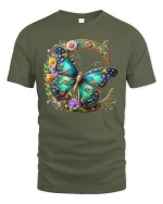 Elegant Butterfly Floral Monogram Letter C Graphic T-Shirt - military green t-shirt on white background
