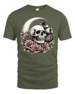 Skull Moon Roses Pirate Ship Gothic Art Graphic T-Shirt - military green t-shirt on white background