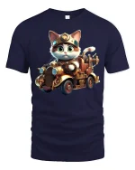 Steampunk Cat Driving Car Funny Animal Lover T-Shirt - navy t-shirt on white background