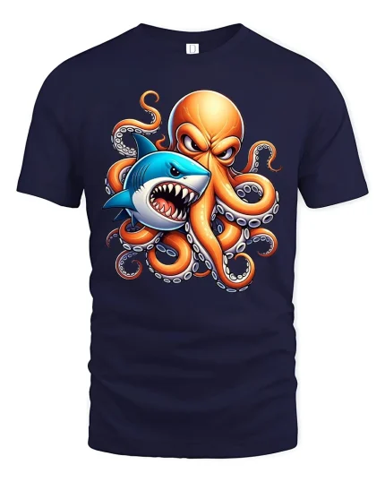 Shark vs Octopus Battle Ocean Monster Graphic T-Shirt - navy t-shirt on white background