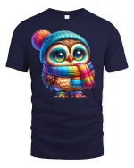 Cute Winter Owl in Colorful Scarf Cozy Graphic T-Shirt - navy t-shirt on white background