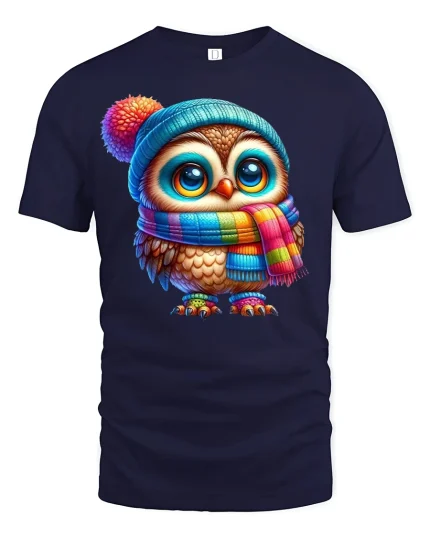 Cute Winter Owl in Colorful Scarf Cozy Graphic T-Shirt - navy t-shirt on white background