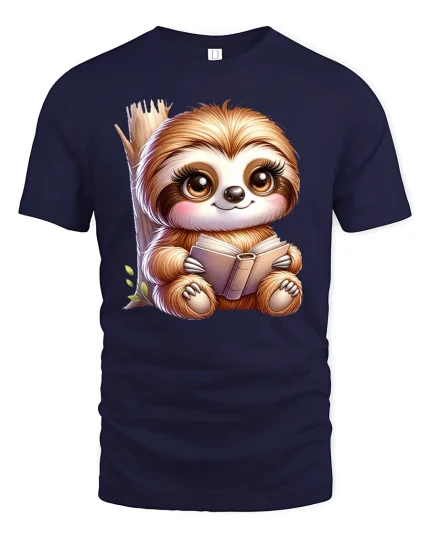 Cute Reading Sloth Book Lover Funny Graphic T-Shirt - navy t-shirt on white background