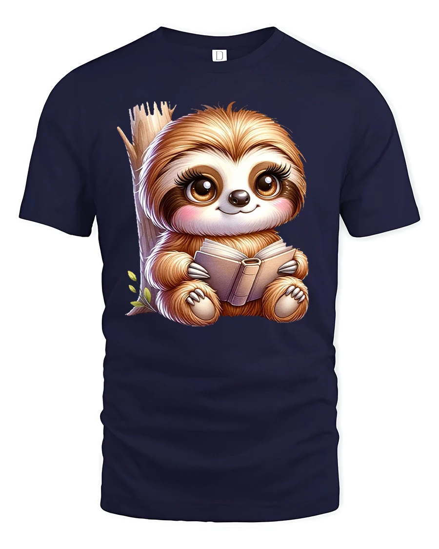 Cute Reading Sloth Book Lover Funny Graphic T-Shirt - 1 Cute Reading Sloth Book Lover Funny Graphic T-Shirt - navy t-shirt on white background