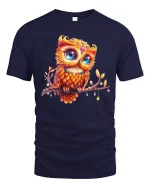Colorful Owl Art Cute Bird Lover Fantasy Graphic T-Shirt - navy t-shirt on white background