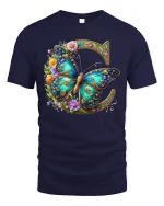 Elegant Butterfly Floral Monogram Letter C Graphic T-Shirt - navy t-shirt on white background