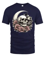 Skull Moon Roses Pirate Ship Gothic Art Graphic T-Shirt - navy t-shirt on white background