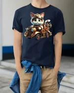 Steampunk Cat Driving Car Funny Animal Lover T-Shirt - model wearing navy tee with hands in pockets
