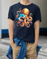 Shark vs Octopus Battle Ocean Monster Graphic T-Shirt - model wearing navy tee with hands in pockets