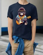 Rocking Monkey Guitar Player Funny Animal Lover T-Shirt - model wearing navy tee with hands in pockets