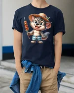 Cute Summer Wolf BBQ Funny Beach Vacation T-Shirt - model wearing navy tee with hands in pockets