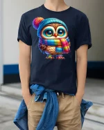 Cute Winter Owl in Colorful Scarf Cozy Graphic T-Shirt - model wearing navy tee with hands in pockets