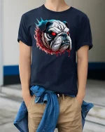 Fierce Bulldog Red Eyes Graphic T-Shirt for Men - model wearing navy tee with hands in pockets