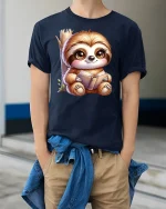 Cute Reading Sloth Book Lover Funny Graphic T-Shirt - model wearing navy tee with hands in pockets