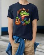 Cowboy Alligator Guitar Lover Funny Country T-Shirt - model wearing navy tee with hands in pockets
