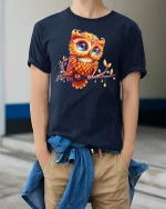 Colorful Owl Art Cute Bird Lover Fantasy Graphic T-Shirt - model wearing navy tee with hands in pockets