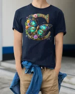 Elegant Butterfly Floral Monogram Letter C Graphic T-Shirt - model wearing navy tee with hands in pockets