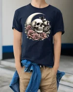 Skull Moon Roses Pirate Ship Gothic Art Graphic T-Shirt - model wearing navy tee with hands in pockets