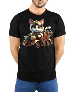 Steampunk Cat Driving Car Funny Animal Lover T-Shirt - model wearing black tee with hands behind back