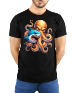 Shark vs Octopus Battle Ocean Monster Graphic T-Shirt - model wearing black tee with hands behind back