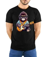 Rocking Monkey Guitar Player Funny Animal Lover T-Shirt - model wearing black tee with hands behind back