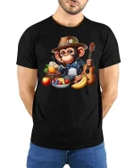 Dapper Monkey Breakfast Vibes Funny Animal T-Shirt - model wearing black tee with hands behind back
