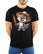 Cute Summer Wolf BBQ Funny Beach Vacation T-Shirt - model wearing black tee with hands behind back