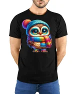 Cute Winter Owl in Colorful Scarf Cozy Graphic T-Shirt - model wearing black tee with hands behind back