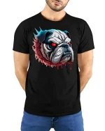 Fierce Bulldog Red Eyes Graphic T-Shirt for Men - model wearing black tee with hands behind back