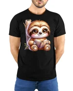 Cute Reading Sloth Book Lover Funny Graphic T-Shirt - model wearing black tee with hands behind back