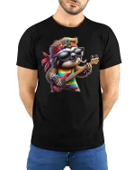 Rockin’ Sloth Funny Guitar Player Cool Graphic T-Shirt - model wearing black tee with hands behind back