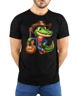 Cowboy Alligator Guitar Lover Funny Country T-Shirt - model wearing black tee with hands behind back