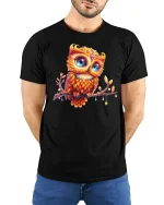 Colorful Owl Art Cute Bird Lover Fantasy Graphic T-Shirt - model wearing black tee with hands behind back