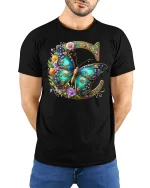 Elegant Butterfly Floral Monogram Letter C Graphic T-Shirt - model wearing black tee with hands behind back