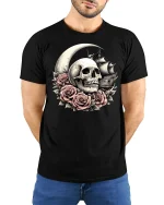 Skull Moon Roses Pirate Ship Gothic Art Graphic T-Shirt - model wearing black tee with hands behind back