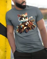Steampunk Cat Driving Car Funny Animal Lover T-Shirt - model wearing grey tee, leaning on column